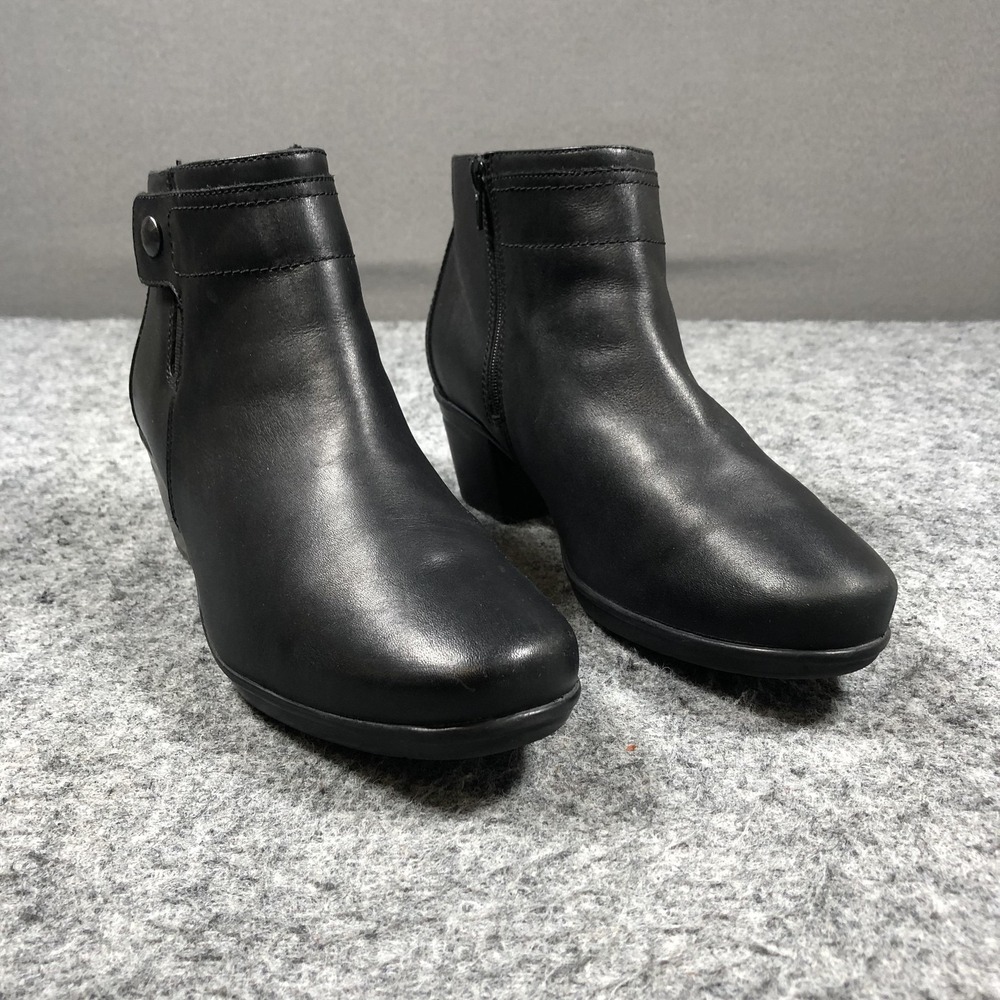 Clarks Emslie Jada Booties Womens 10W Black Leather Zip Block Heel Comfort